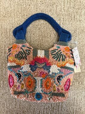 Viral Handcrafted Vibrant Blue and Pink Beaded Shoulder Bag NWT